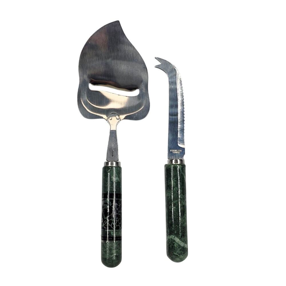MERVYNS VINTAGE 80's MARBLE‑HANDLE CHEESE SLICER & KNIFE SET – STAINLESS STEEL